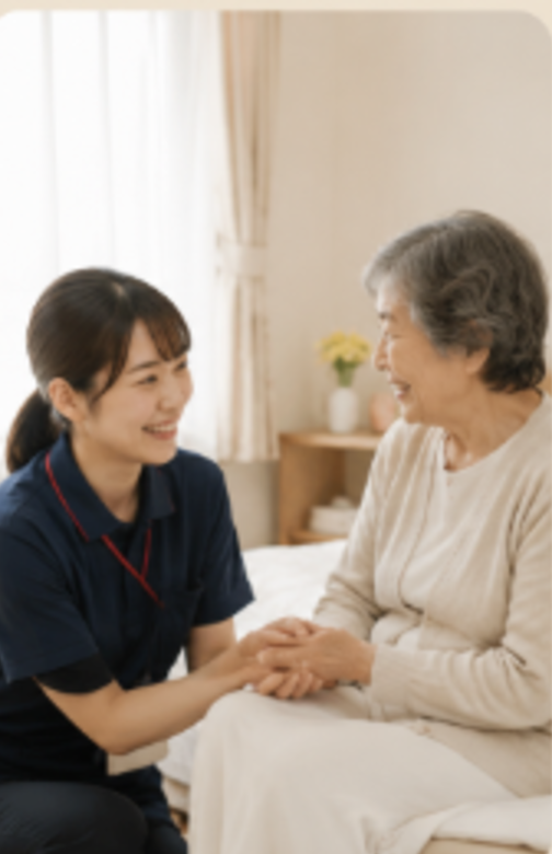 入居者様の手を取り寄り添うスタッフ